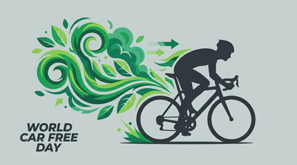 Fototapeta premium World Car Free Day cyclist silhouette with green leaves.