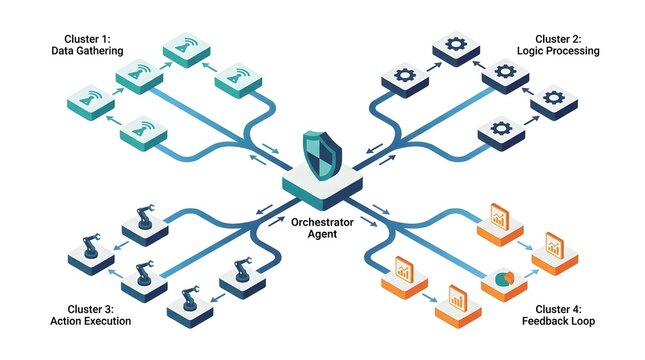 A multi-agent system (MAS) node-based flowchart illustrated in clean vector infographic isometric view.