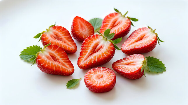 Fresh sliced red strawberries on a white background