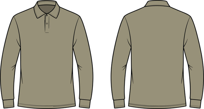 Front and back view of a long sleeve polo shirt in a neutral khaki color for fashion design