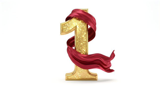 Shiny golden number one decorated with red silk ribbon