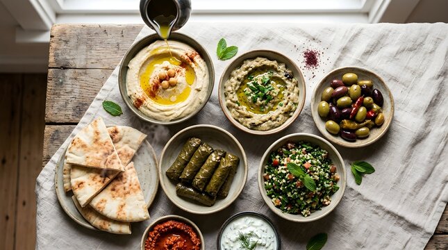 Assorted Middle Eastern mezze spread including hummus being drizzled with olive oil, baba ganoush, stuffed grape leaves, tabbouleh, olives, and pita bread on a rustic table