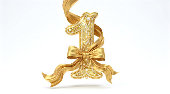 Golden number one with diamond pattern and silk ribbon
