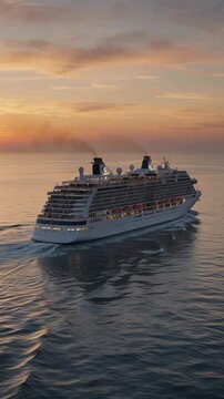 Luxury cruise ship sailing on calm ocean at golden sunset. Vertical video