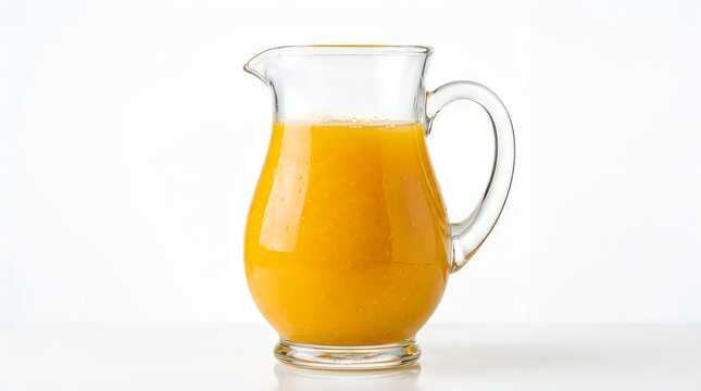 Glass pitcher filled with fresh orange juice