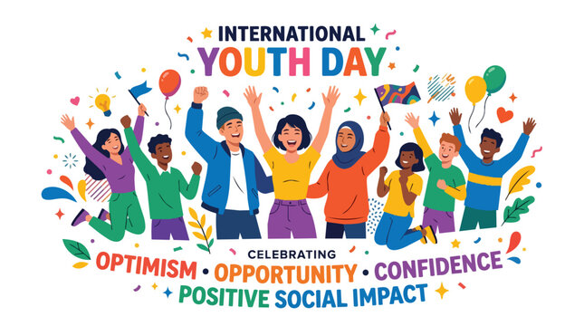 International Youth Day celebration with diverse people cheering and confetti, promoting optimism and opportunity