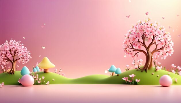 Pastel spring landscape with mushrooms and trees