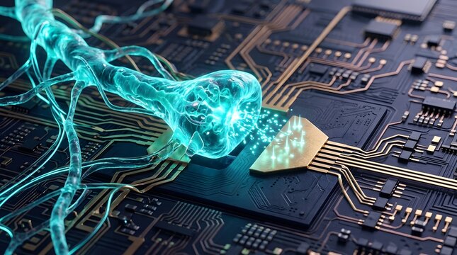 Futuristic Neuromorphic AI Network Technology on Computer Circuit Board with Glowing Data Streams
