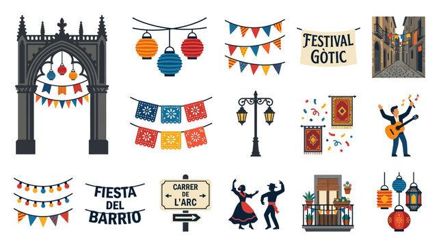 Decorations for the local Gothic quarter street party include colorful bunting flags, paper lanterns, musical performers, traditional folk dancers, and arched stone architectural gate structures.