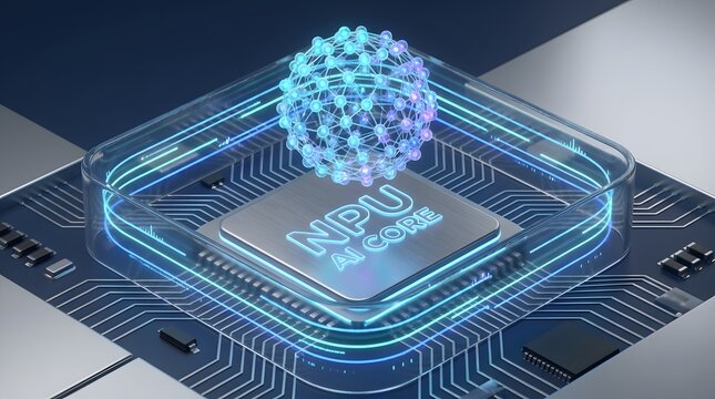Futuristic NPU AI Core Microchip with Holographic Sphere representing Small Language Models (SLM)