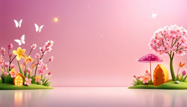 Spring floral border with mushroom house