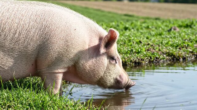 Large pink pig drinking water from a pond on a green farm