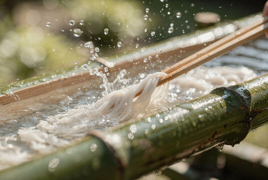 Summer Delight: Japanese Somen Noodles Flowing in Bamboo Flume