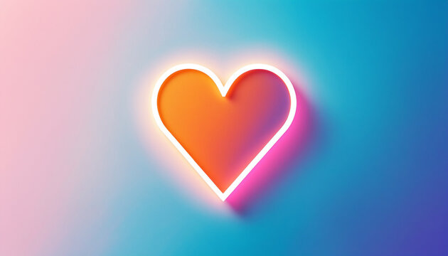 vibrant orange gradient heart outlined by a glowing white neon border with pink rim light against a soft blue and pink background.
