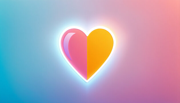 heart icon split into a glossy pink side with a white highlight and a solid orange side, framed by a glowing white neon outline against a pink and blue gradient background.