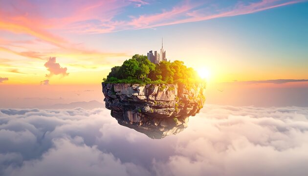 Magical Floating Island Castle Above Clouds at Sunrise.