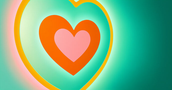 concentric hearts in yellow green orange pink with soft glow on teal green gradient background