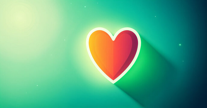 glossy red and orange gradient heart outlined with a glowing white neon border casting a long diagonal shadow on a teal gradient background with sparkles.
