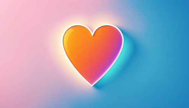 glossy orange and pink gradient heart encased in a glowing white neon border with soft cyan illumination against a split pink and blue background.
