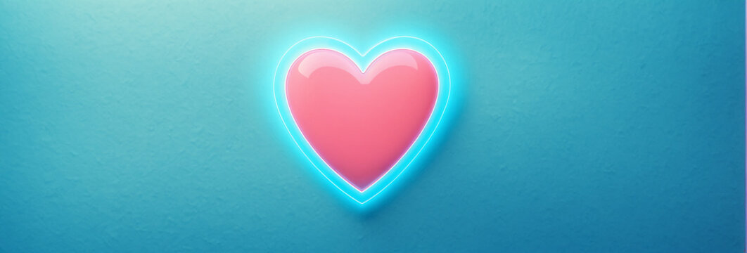 glossy pink heart with bright cyan neon outline on textured light blue background