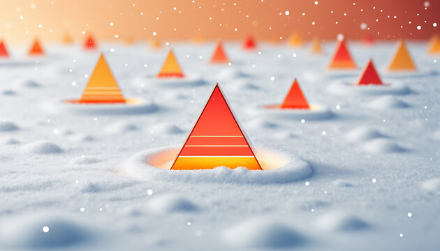 red orange triangular markers emerging from snow holes with falling snow particles on soft orange background