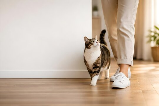 domestic cat walking beside owner at home