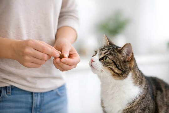 feeding adorable domestic cat by hand