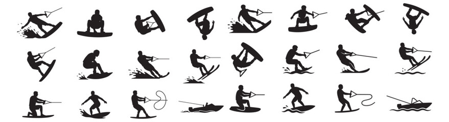 Fototapeta premium Wakeboarding and Waterskiing Silhouettes Set Showing Action Boat Riders and Water Sports Poses