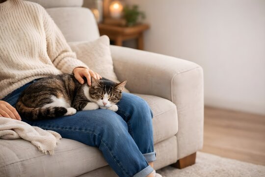 woman holding adorable cat at home
