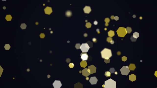 3d animation bokeh abstract yellow gold hexagonal glowing particles dark background for festive and luxury visual themes