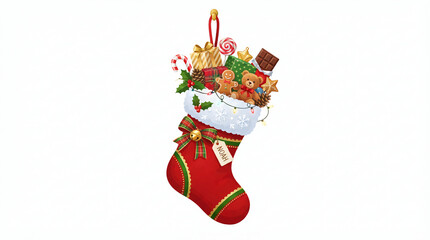 Fototapeta premium Red christmas stocking filled with festive gifts and holiday treats against plain white background with stocking overflowing presents canes gingerbread cookies