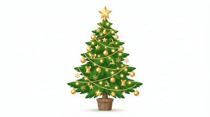 Fototapeta premium Decorated evergreen conifer tree ornamented with golden festive baubles and glowing star topper elements with displays stylized evergreen tree wooden pot
