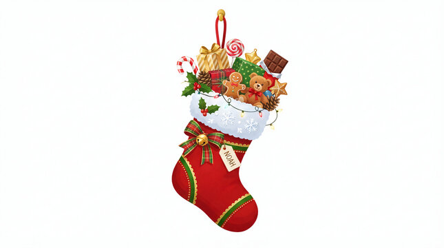 Red christmas stocking filled with festive gifts and holiday treats against plain white background with stocking overflowing presents canes gingerbread cookies