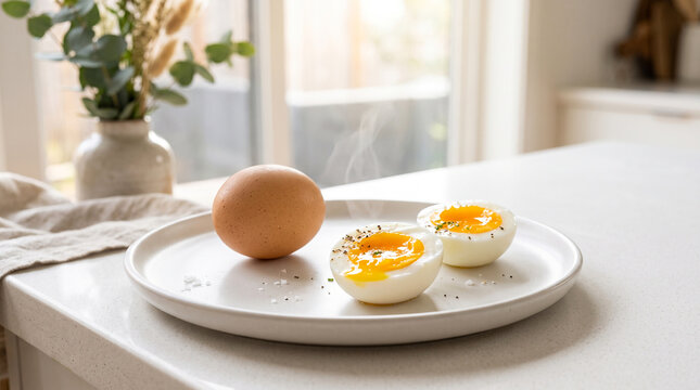 Fresh soft-boiled eggs with runny golden yolk served on a plate.