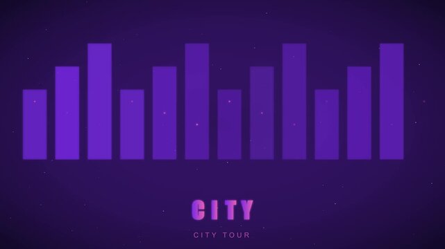 City tour digital audio equalizer animation 4k background, with pulsing purple, sound waves and, particle effects for, music visualization