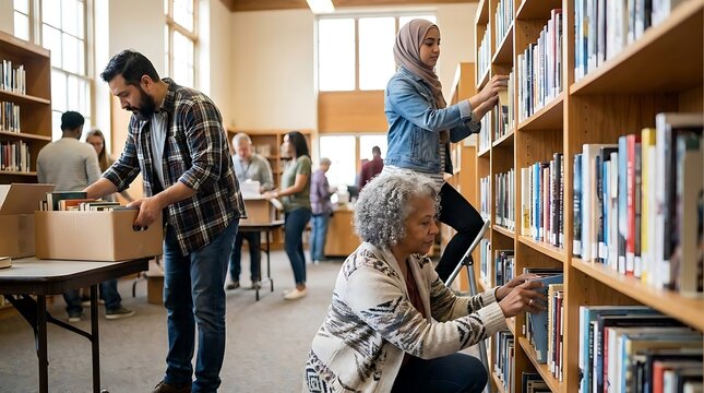 Diverse people browsing and organizing books in library.