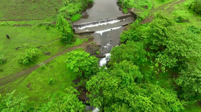 Drone view of lush green forest with winding river and small check dam