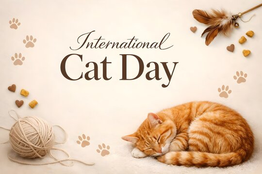international cat day background with sleeping ginger cat and copy space