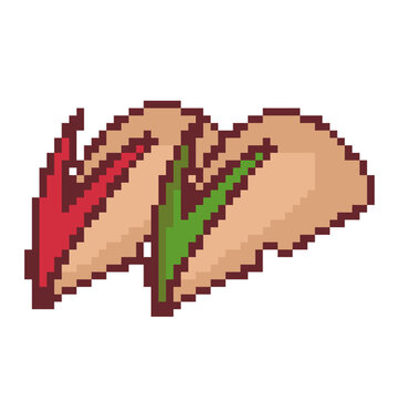 Two rabbit shaped apple slices leaf pixel art handdrawn red