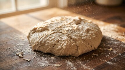 Fototapeta premium Elastic Bread Dough Captured Mid Knead On A Lightly Floured Wooden Countertop In A Cozy Bakery