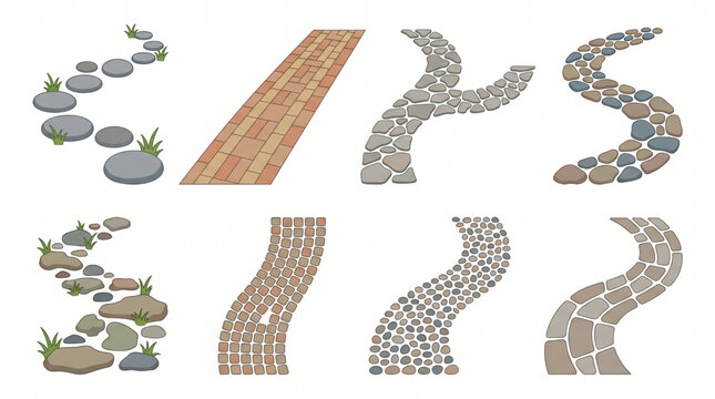 Pathway stepping stones vector collection featuring garden walkway designs with brick pavers gravel trail cobblestone paths and landscaping elements for outdoor yard park courtyard design set.