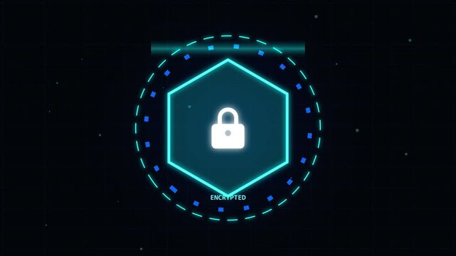 Digital security lock icon with futuristic glowing hexagon and data points.