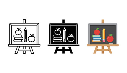 Three blackboard chalk illustrations of school supplies on easels © mdSiam