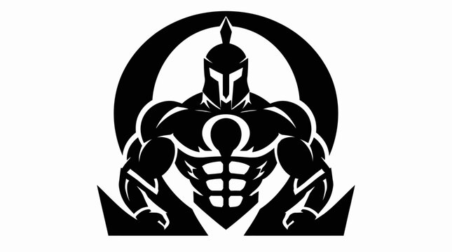Spartan warrior muscular logo with omega symbol.