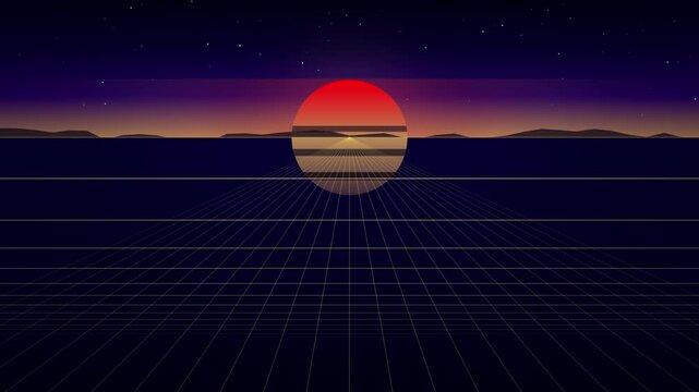 A retro synthwave sunset featuring a large gridpatterned sun rising over a digital wireframe landscape.