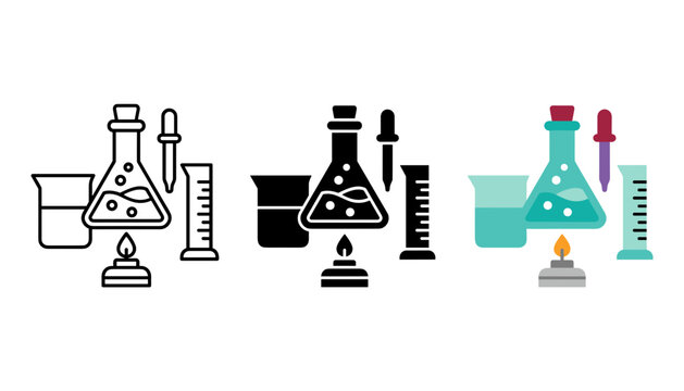 Set of three colorful laboratory glassware including beakers and flasks on a clean surface