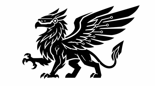 Robotic mecha griffin with digital circuit board wings.