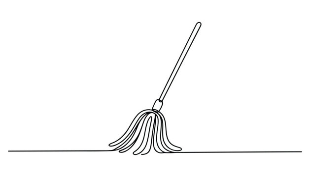 One continuous line illustration of an mop , isolated on white background.