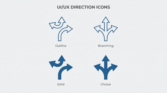 Stylized directional icons labeled outline, branching, solid, and choice, representing diverse UI/UX arrow designs for interface navigation.