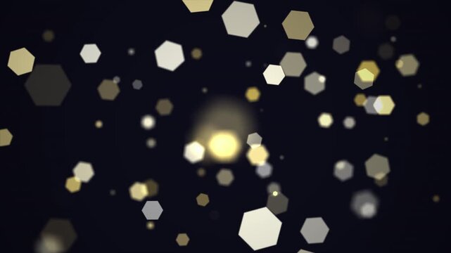 3d animation bokeh gold hexagonal glitter particles blurred light effect on black background for elegant holiday celebration or gala event visuals